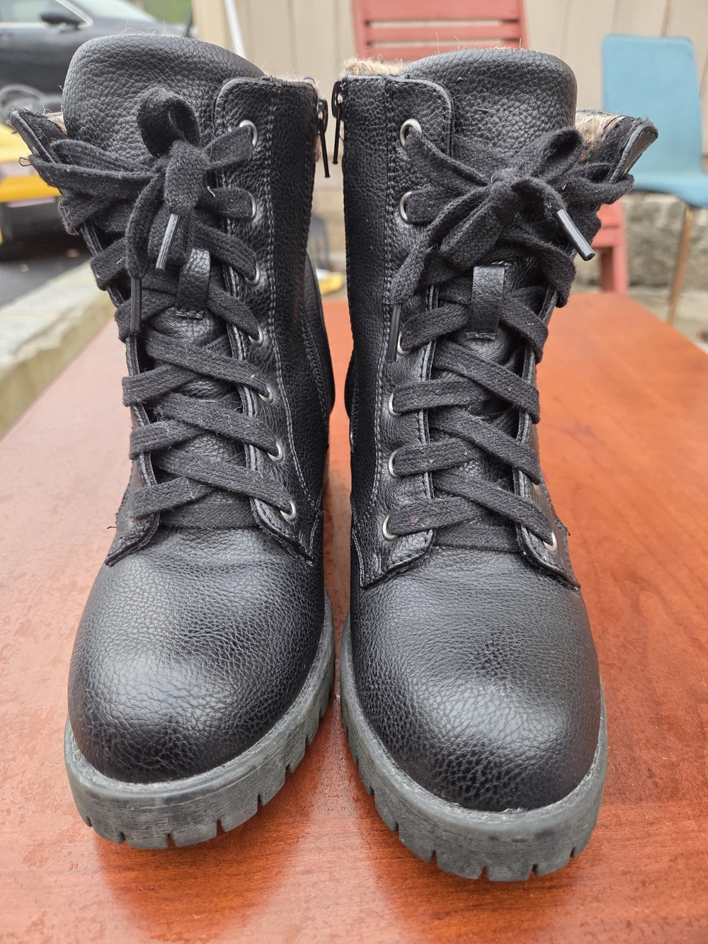 Steve Madden Black Lace-Up Faux Leather Ankle Boots with Fur Trim
